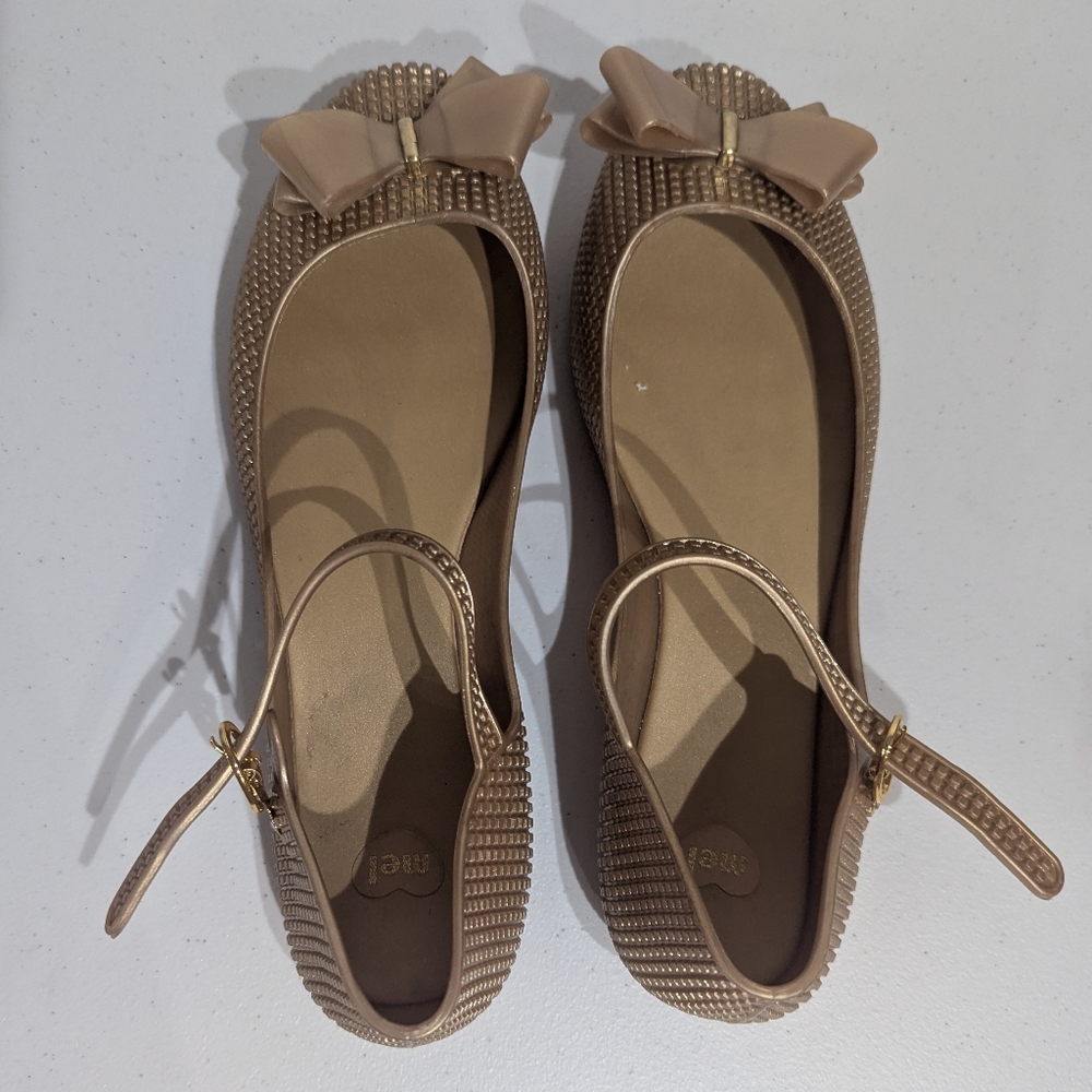 Mel by Melissa Gold ballet flats with bow and ankle strap - size 9 - Picture 7 of 11
